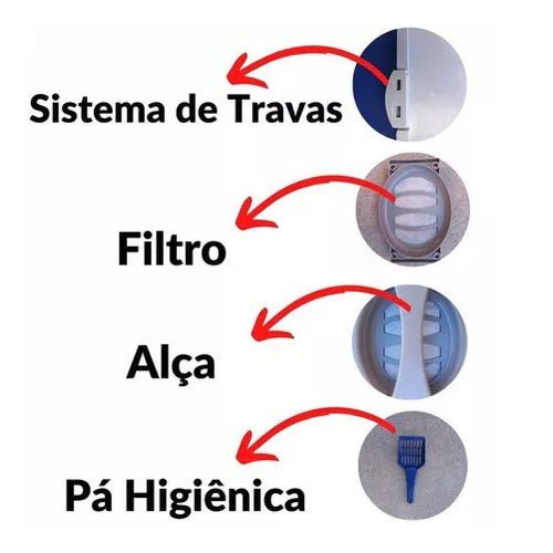 Caixa de areia Gato fechada modelo grande completo - Acompanha: comedouro, filtro, pá higiênica, peneira, bandeja - ShopPatinhas