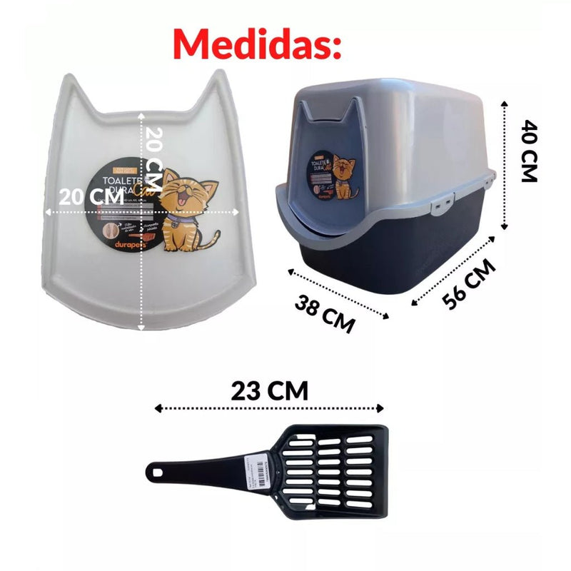 Caixa de areia Gato fechada modelo grande completo - Acompanha: comedouro, filtro, pá higiênica, peneira, bandeja - ShopPatinhas